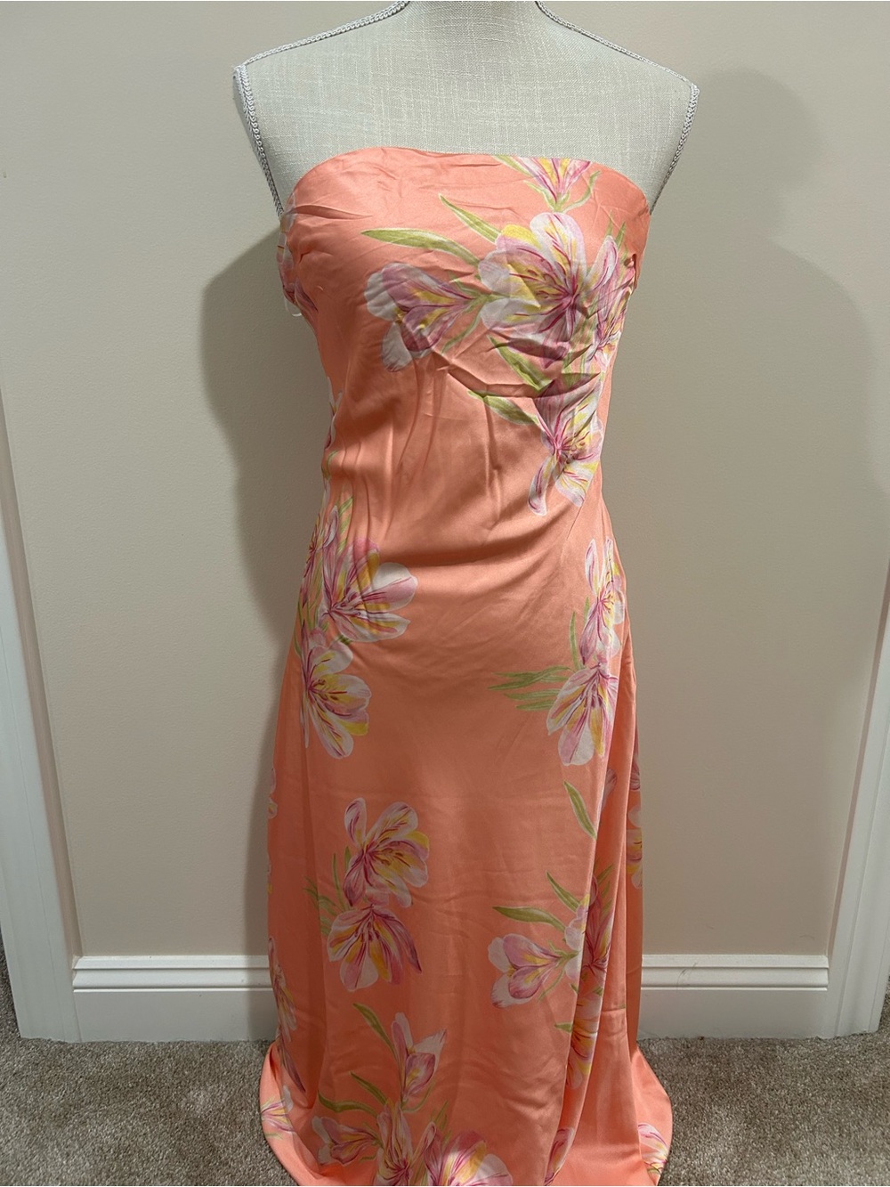 Strapless Coral Floral Maxi Dress